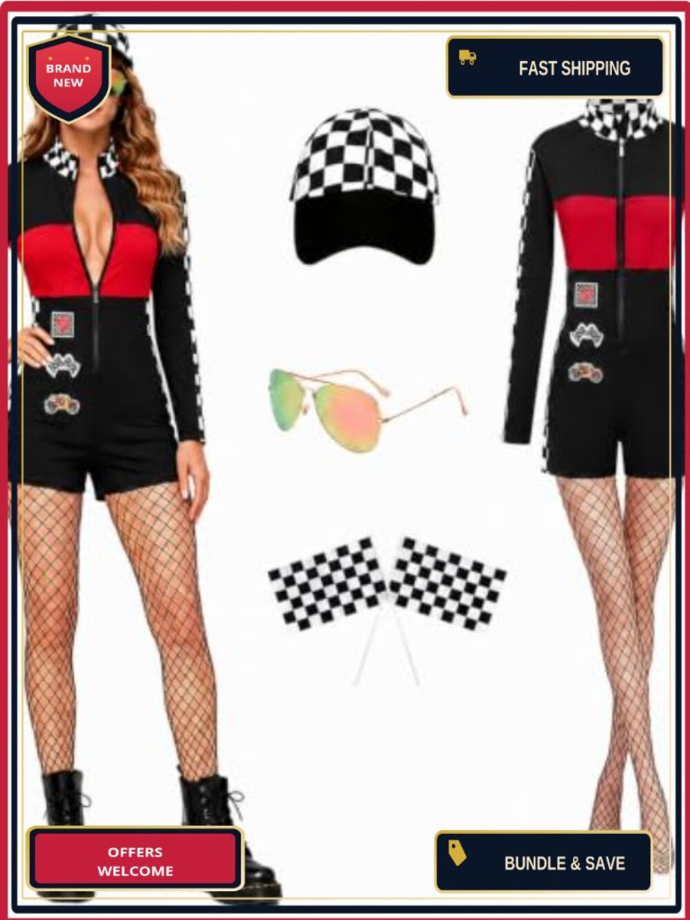 Race Car Driver Costume Women Sexy Racer Jumpsuit Mesh Stockings Hat Cosplay